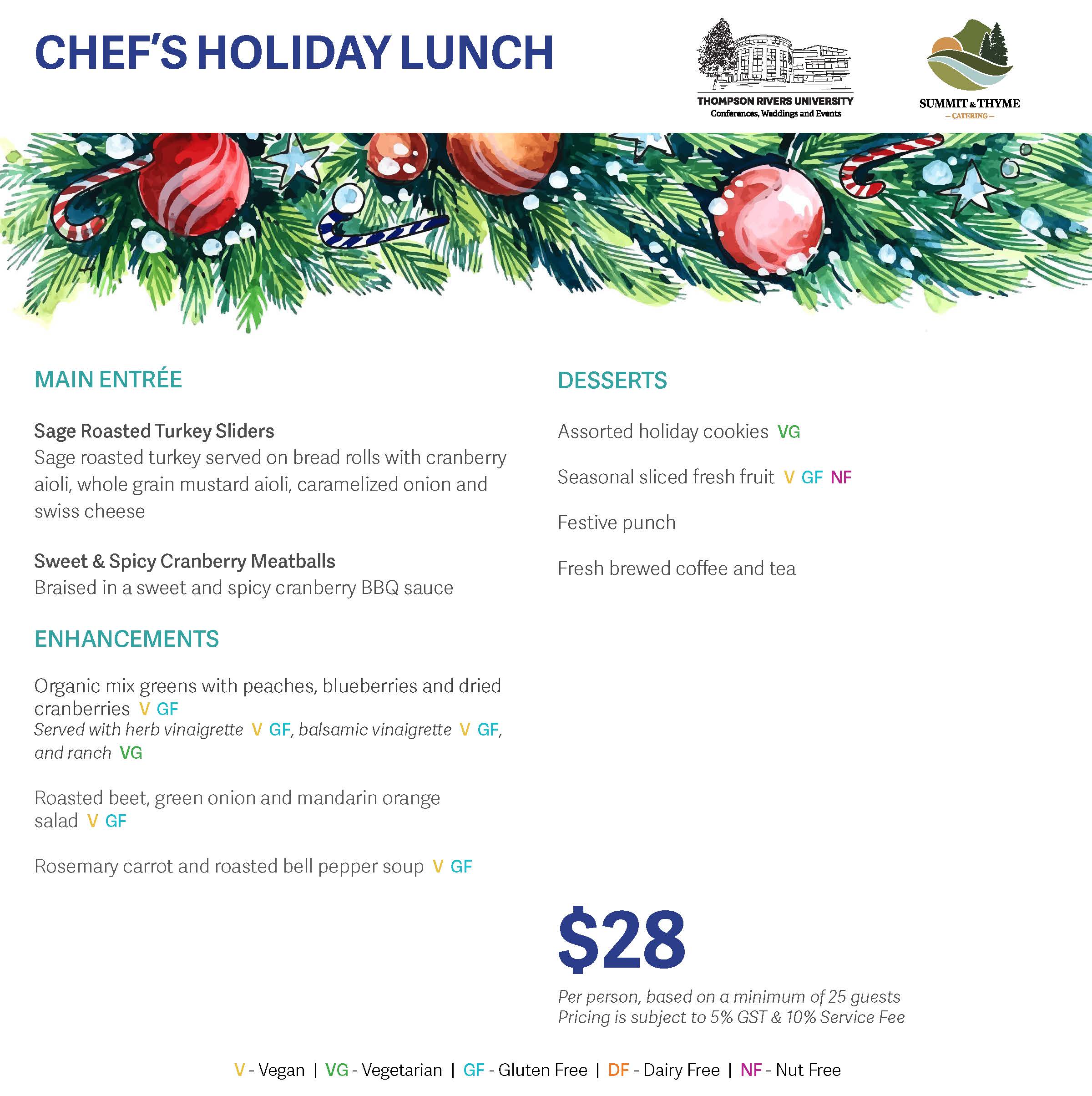 Chef's holiday lunch menu