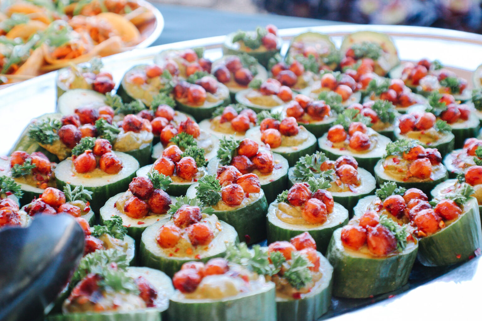 Cucumber with hummus and roasted chickpea